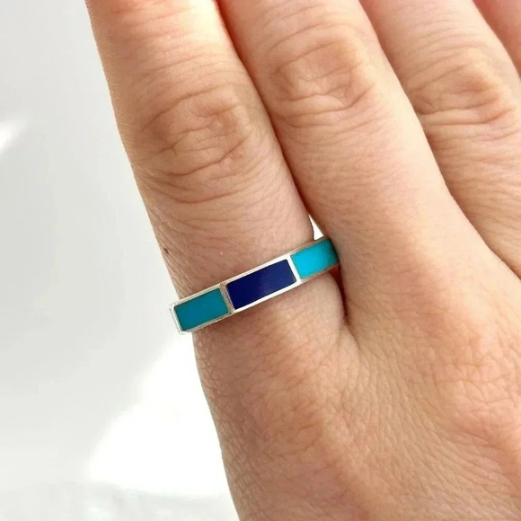 Sterling Turquoise Inlay Vintage Rare Flat Sided Ring - sz 9.75 - Picture 6 of 7